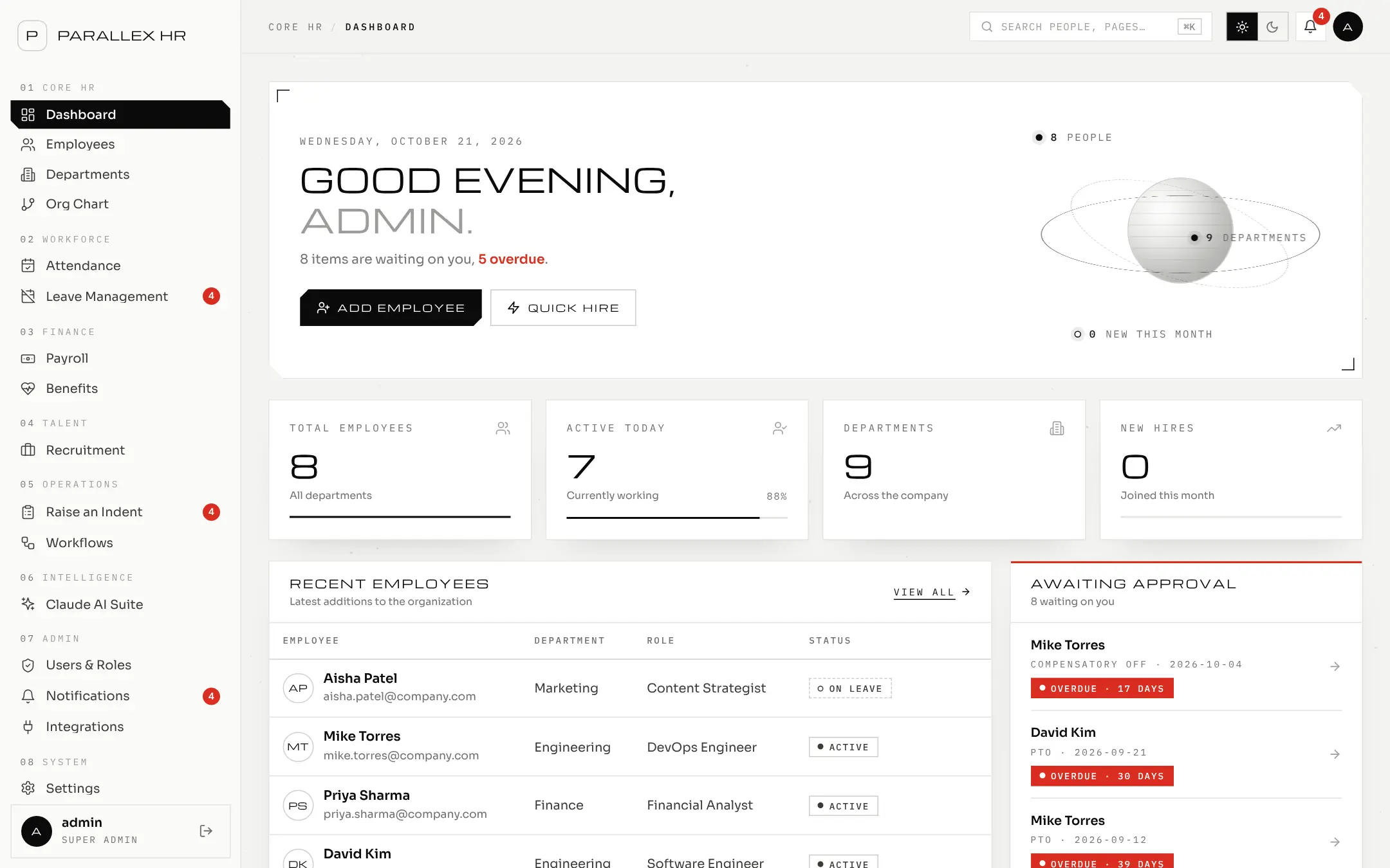 Parallex HR dashboard greeting with items awaiting approval