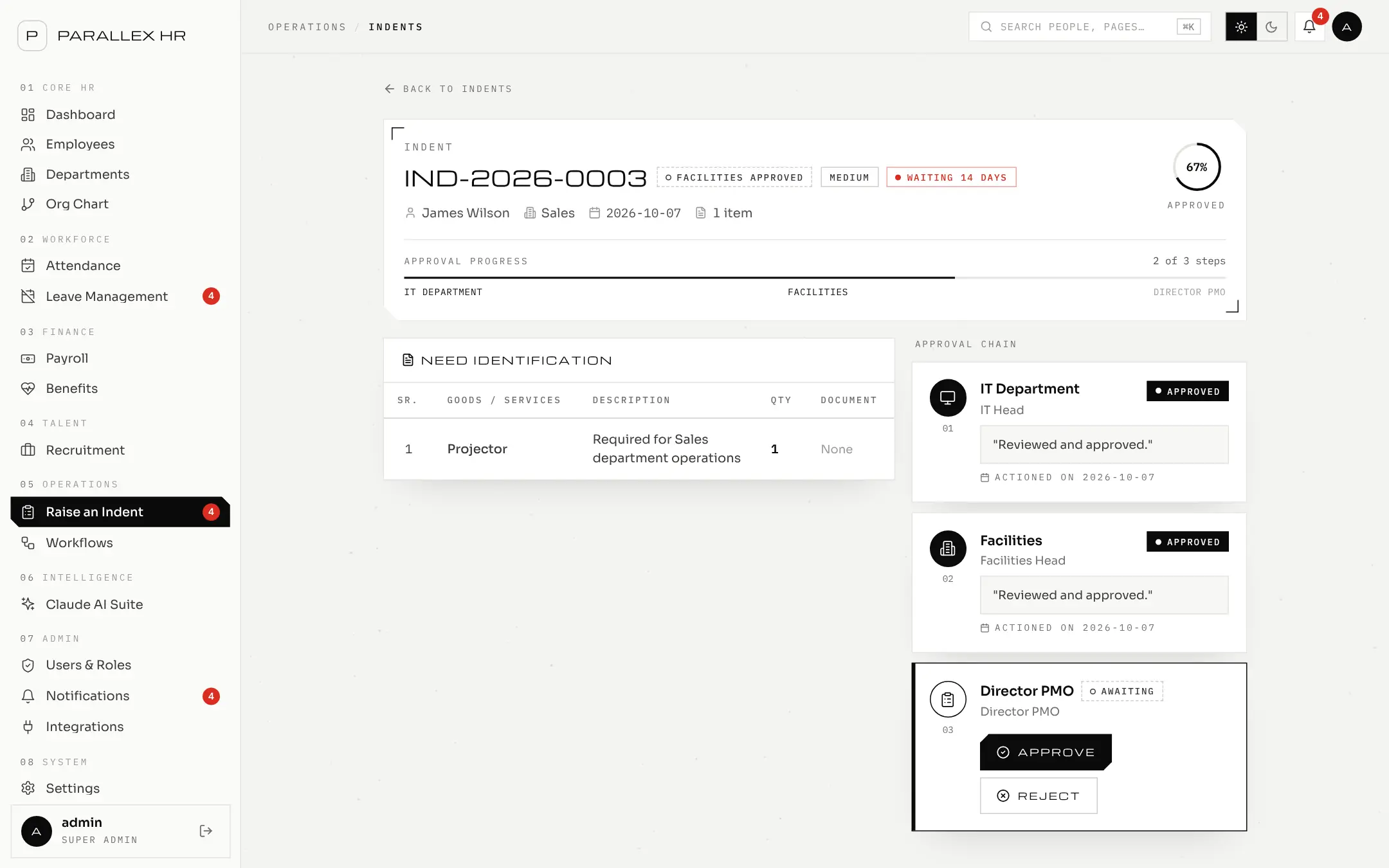 Parallex HR purchase request showing approval progress